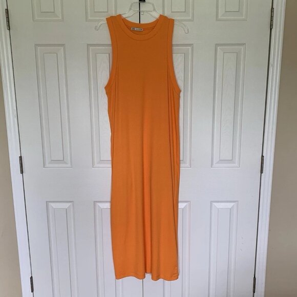 Zara Dress Womens Large Orange Sleeveless Ribbed Knit Midi Stretch - Picture 1 of 5